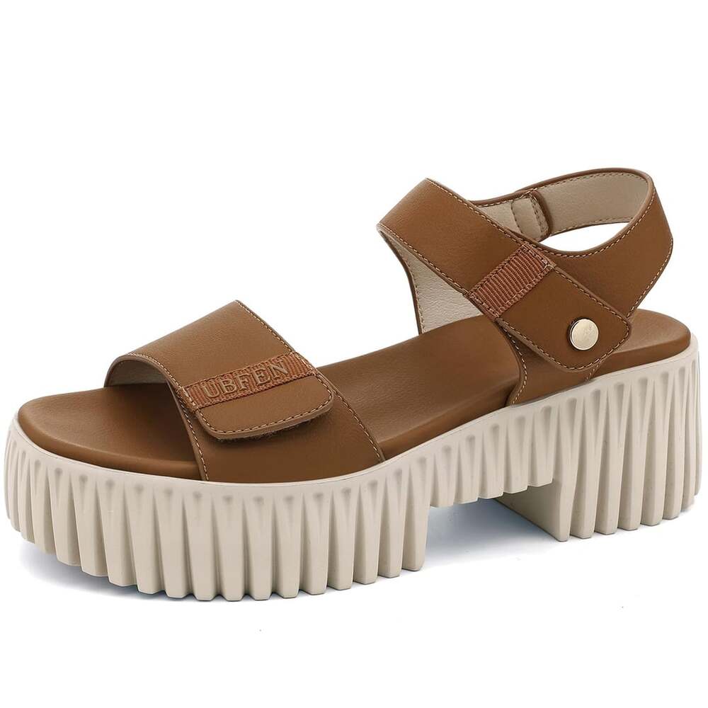 UBFEN Women's Platform Sandals Brown Chunky Wedge Arch Support